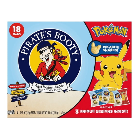 Pirate's Booty Pikachu White Cheddar Cheese Puffs, 0.45 oz, 18 Count