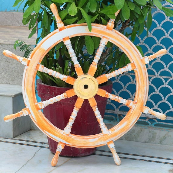 Pirate's Ship Wheel | Distressed Orange Weather Finish | Nautical Wall Hanging Decor Ideas | Boat's Steering Ship Wheel | Stylish Wall Hanging Ideas | Nautical Home Decor (60 Inches)