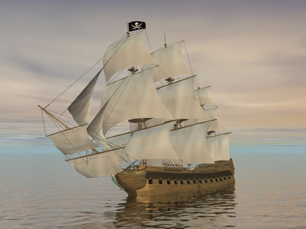 Pirate ship with black Jolly Roger flag sailing the ocean Canvas Art - Elena DuvernayStocktrek Images (33 x 25)