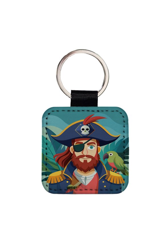 Pirate with Eye Patch and Parrot Faux Leather Square Keychain