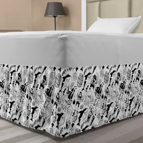 Pirates Bed Skirt, Black and White Pattern with Buccaneer Characters Sharks and Nautical Elements, Elastic Bedskirt Dust Ruffle Wrap Around for Bedding Decor, 4 Sizes, Black White, by Ambesonne