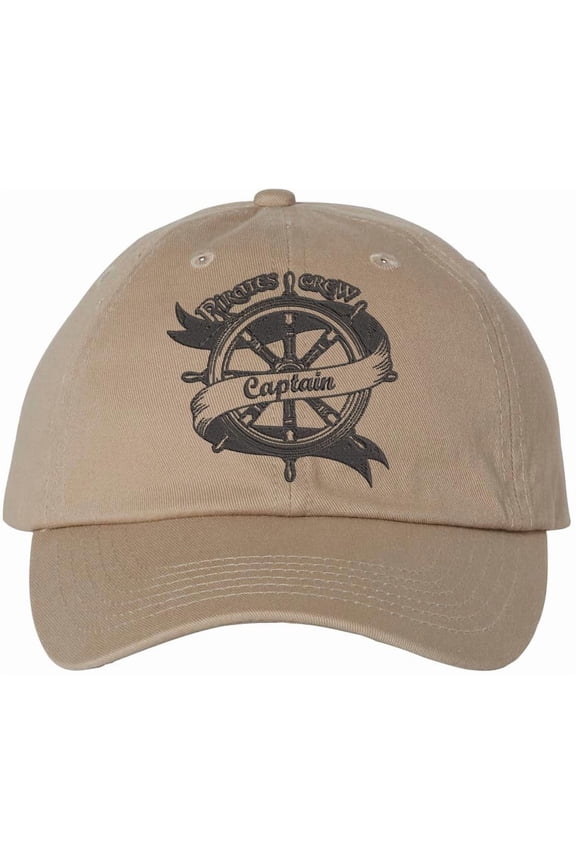 Pirates Crew Captain Embroidered Dad Cap - Ship Wheel Sailor Fun Adventure Cotton Unstructured Baseball Hat (Khaki)