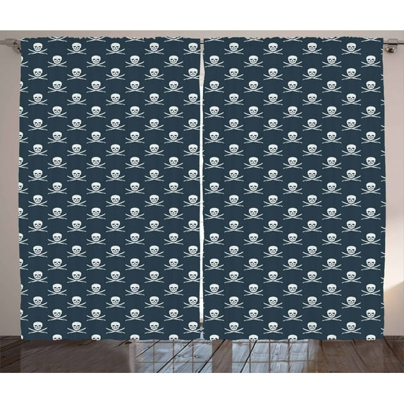 Ambesonne Pirates Curtains 2 Panel Set, Jolly Roger Pattern, 108" x 108", Dark Blue White