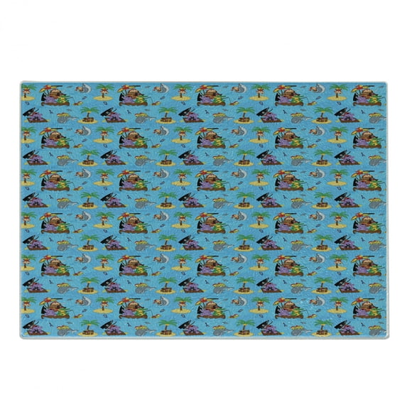 Pirates Cutting Board, Friendly and Funny Cartoon Animals Floating on Blue Sea Tropical Island Treasure, Decorative Tempered Glass Cutting and Serving Board, Small Size, Multicolor, by Ambesonne