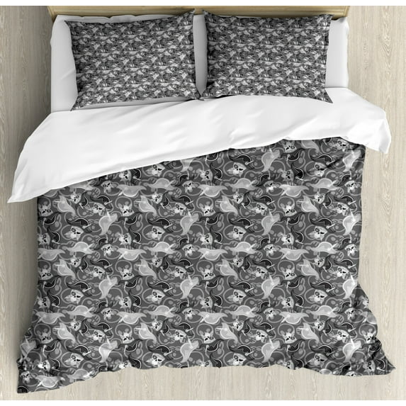 Pirates Duvet Cover Set King Size, Greyscale Pattern Dead Man Skulls with Hat and Eye Patches and Doodle Outlines, Decorative 3 Piece Bedding Set with 2 Pillow Shams, Grey Pale Grey, by Ambesonne