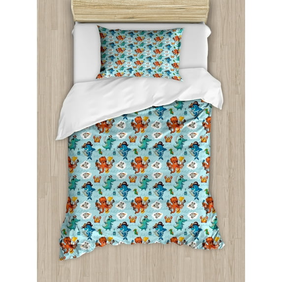 Pirates Duvet Cover Set Twin Size, Pirates Crocodile Octopus Shark Crab Seagulls Parrot Bottle of Rum Cartoon Style, Decorative 2 Piece Bedding Set with 1 Pillow Sham, Multicolor, by Ambesonne
