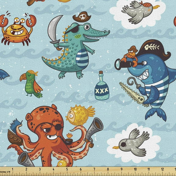 Ambesonne Pirates Fabric by the Yard Upholstery, Cartoon Piracy Elements, 3 Yards, Multicolor