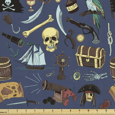 Ambesonne Pirates Fabric by the Yard Upholstery, Vintage Cartoonish Design, 10 Yards, Multicolor