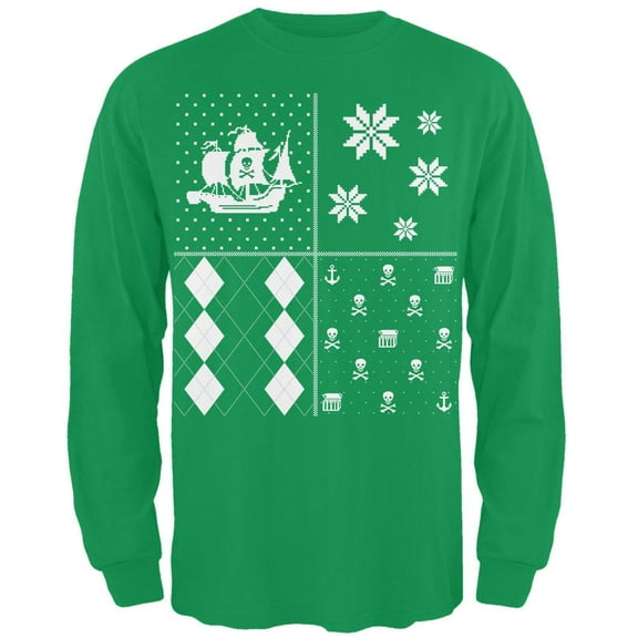 Pirates Festive Blocks Ugly Christmas Sweater Green Long Sleeve T-Shirt - Medium
