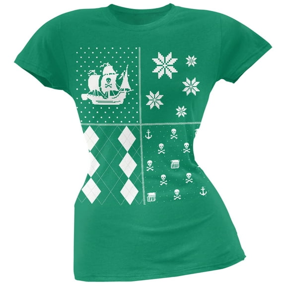 Pirates Festive Blocks Ugly Christmas Sweater Green Soft Juniors T-Shirt - Small
