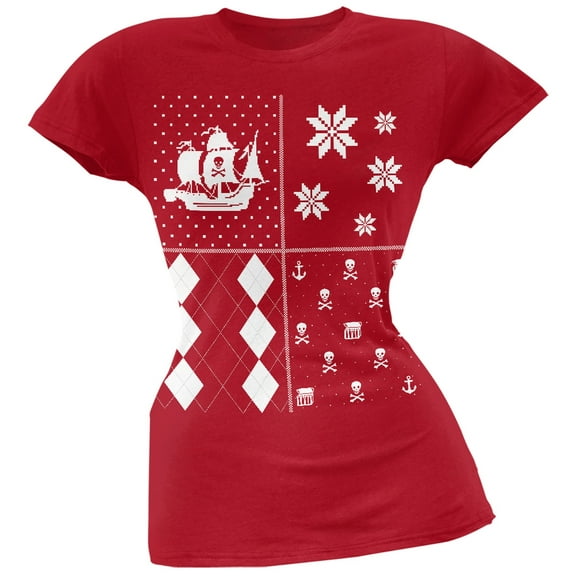 Pirates Festive Blocks Ugly Christmas Sweater Red Soft Juniors T-Shirt - Large