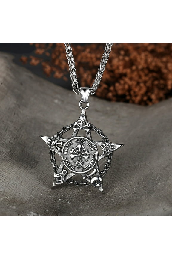 Pirates Of The Caribbean Necklace 14K White Gold Jack Sparrow Aztec Skeleton Skull Heads Pendant Coin Medallion Vintage Jewelry