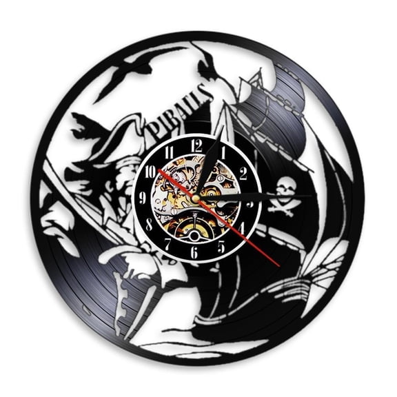 Pirates Ship Vinyl Record Wall Clock Home Decor Sea Ship Sailing Boat Wall Art Decorative Clock Watch Gift Mariner Captain Without LED
