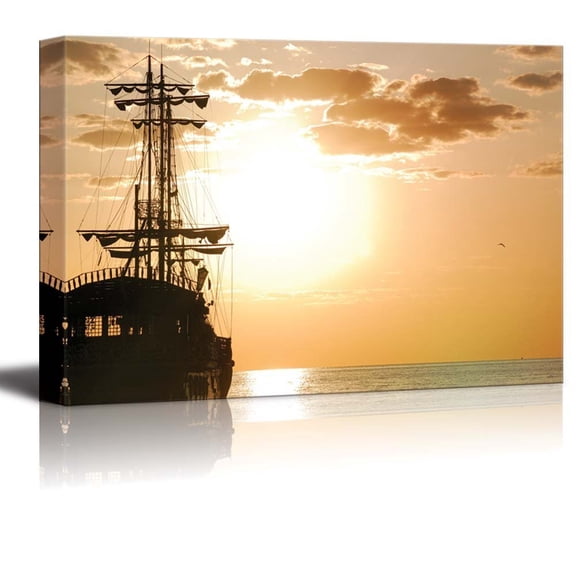 Pirates Ship at Sea in Horizontal Orientation at Sunset - Canvas Art Wall Decor - 32" x 48"
