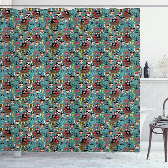 Ambesonne Pirates Shower Curtain, Retro Adventure, 69"Wx84"L, Multicolor