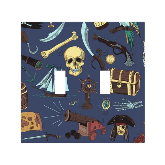 Pirates Skull Map Treasure Vintage 2 Gang Switch Wall Plate Decorative Double Toggle Cover with 4 Painted Screws for Home & Commercial Use