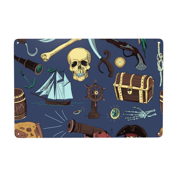 Pirates Skull Map Treasure Vintage Metal Tin Sign Wall Decoration Home Garden Cafes Kitchen Art Decor 8x12 Inch