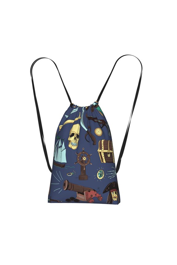 Pirates Skull Map Treasure Vintage Packable Drawstring Backpack, Lightweight Foldable Cinch Storage Bag for Gym Travel Shopping
