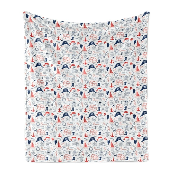 Pirates Soft Flannel Fleece Blanket, Hand Drawn Style Criminal Sea Adventurer Pattern Nautical Sailor Theme, Cozy Plush for Indoor and Outdoor Use, 50" x 60", Scarlet Navy Blue White, by Ambesonne