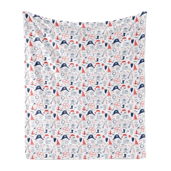 Pirates Soft Flannel Fleece Blanket, Hand Drawn Style Criminal Sea Adventurer Pattern Nautical Sailor Theme, Cozy Plush for Indoor and Outdoor Use, 50" x 70", Scarlet Navy Blue White, by Ambesonne