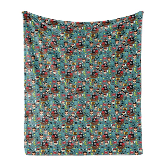 Pirates Soft Flannel Fleece Blanket, Pattern of Pirate Ships in the Sea Adventure Kids Nautical Theme Cartoon Characters, Cozy Plush for Indoor and Outdoor Use, 50" x 70", Multicolor, by Ambesonne