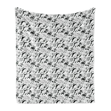 Pirates Soft Flannel Fleece Throw Blanket, Black and White Pattern with Buccaneer Characters Sharks and Nautical Elements, Cozy Plush for Indoor and Outdoor Use, 50" x 60", Black White, by Ambesonne