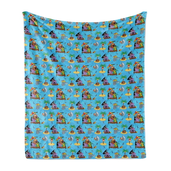 Pirates Soft Flannel Fleece Throw Blanket, Friendly and Funny Cartoon Animals Floating on Blue Sea Tropical Island Treasure, Cozy Plush for Indoor and Outdoor Use, 70" x 90", Multicolor, by Ambesonne