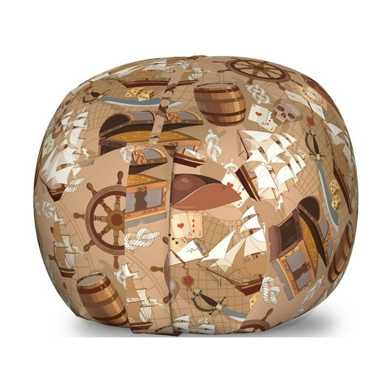 Pirates Storage Toy Bag Chair, Scroll Old Pirate Treasure Map Pattern Adventure Stories Concept, Stuffed Animal Organizer Washable Bag, Large Size, Pale Brown White Grey, by Ambesonne