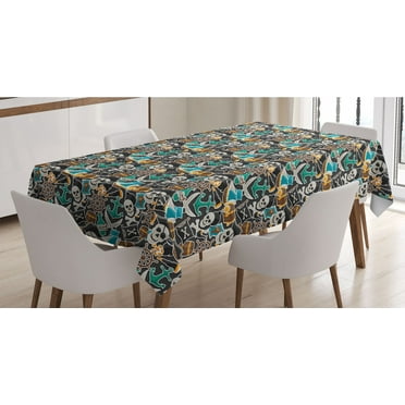 Pirates Tablecloth, Colorful Pattern with Corsair of Jolly Roger Bottle Anchor Treasure and Map, Rectangle Satin Table Cover Accent for Dining Room and Kitchen, 52" X 70", Multicolor, by Ambesonne