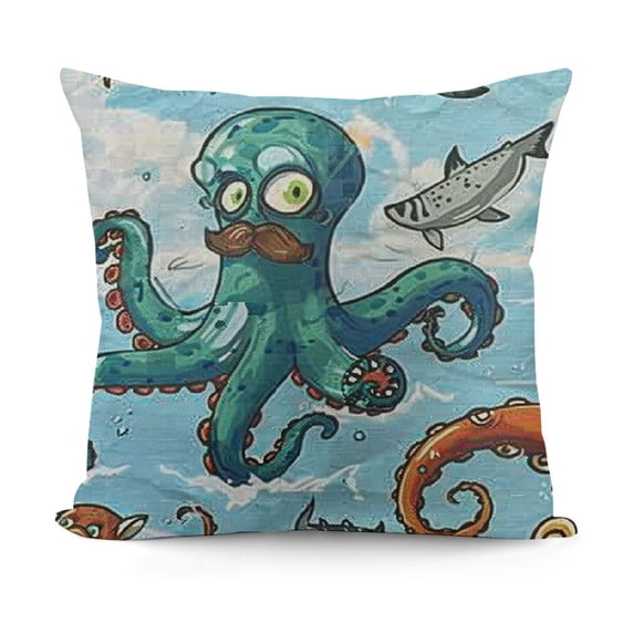 Pirates Throw Pillow Cushion Case, Pirates Crocodile Octopus Shark Crab Seagulls Parrot Bottle of Rum Cartoon Style, Decorative Square Accent Pillow Cover, Multicolor