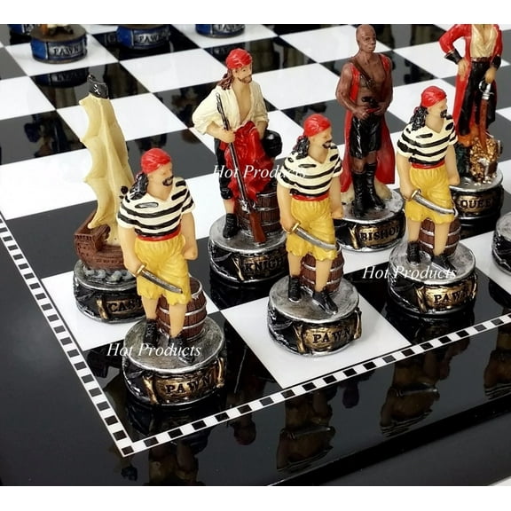 Pirates Vs Royal Navy Pirate Chess Men Set W/ 15" Black White Gloss Board