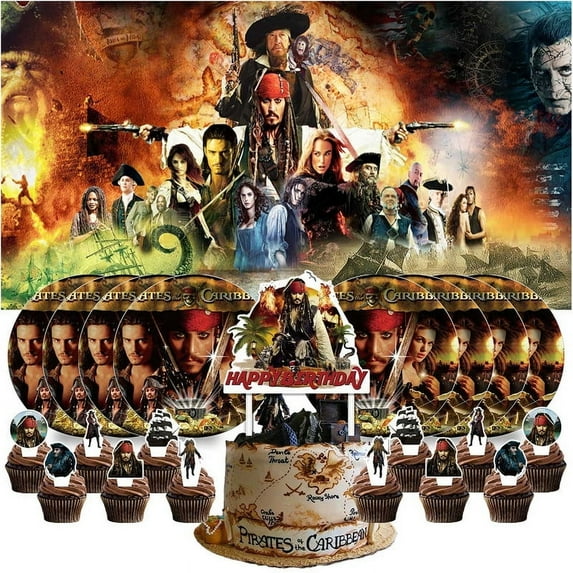 Pirates of the Caribbean Plates Birthday Supplies Decorations Decor Backdrop Banner Cake Topper Fans