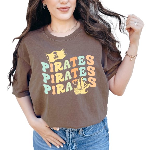Pirates with Ship, Fiction Inspired, Groovy Retro Wavy Text, Espresso Comfort Colors T-Shirt, Large