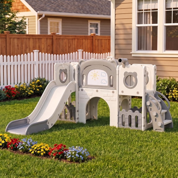 Pirecart 10 in 1 Toddler Slide Playset, Kids Climber Slide Indoor Outdoor Playground with Drawing Board, Tunnel & Storage,for Age 3+, Grayish White