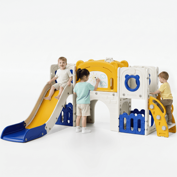 Pirecart 10-in-1 Kid Climber Slide,Toddler Slide Set with Ball, Drawing Board, Non-Slip Steps, Indoor Outdoor Playground for Age 3+, Yellow Blue