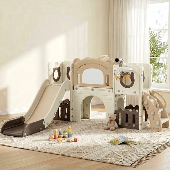 Pirecart 10-in-1 Kids Slide, Indoor Outdoor Toddler Slide Playground with Drawing Board, Basketball Hoop, Tunnel & Storage for Playroom, Kindergarten, Backyard, Gift for Children Age 3+, Creamy Beige