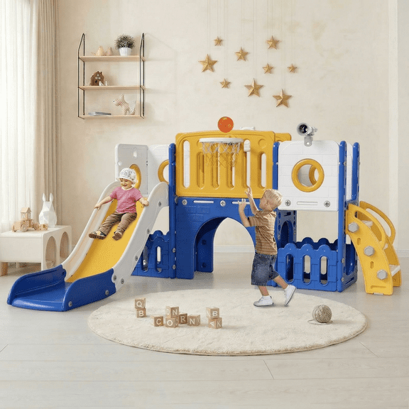 Pirecart 9 in 1 Toddler Slide, Kid Playset for Indoor Outdoor Playground with Basketball Hoop, Storage Space, Tunnel for Boys and Girls