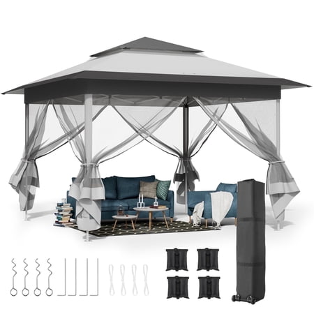 Pirecart 11' x 11' Pop up Gazebo Canopy Tent Outdoor Instant Canopy Tent Patio Gazebo Shade Shelter with Mesh Sidewalls, Gray
