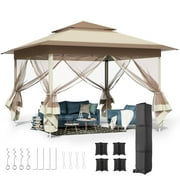 Pirecart 11' x 11' Pop up Canopy Tent with Netting Sidewalls, Outdoor Gazebo Tent, Easy up Shade Shelter, Beige