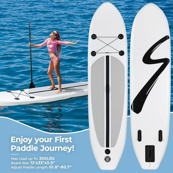 Pirecart 12' Inflatable Stand Up Paddle Board Non-Slip Deck Surfboard with Hand Pump, Carrying Bag, White