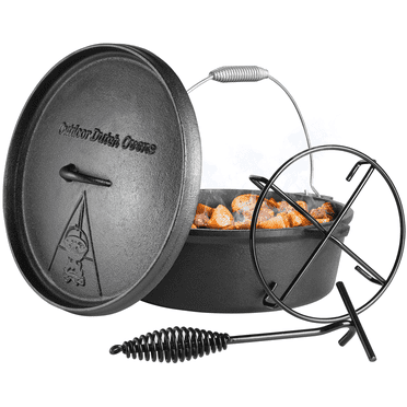 Pirecart 12 Quart Cast Iron Dutch Oven Cooking Pot, with Lid, Stand and Extra Handle, Without feet