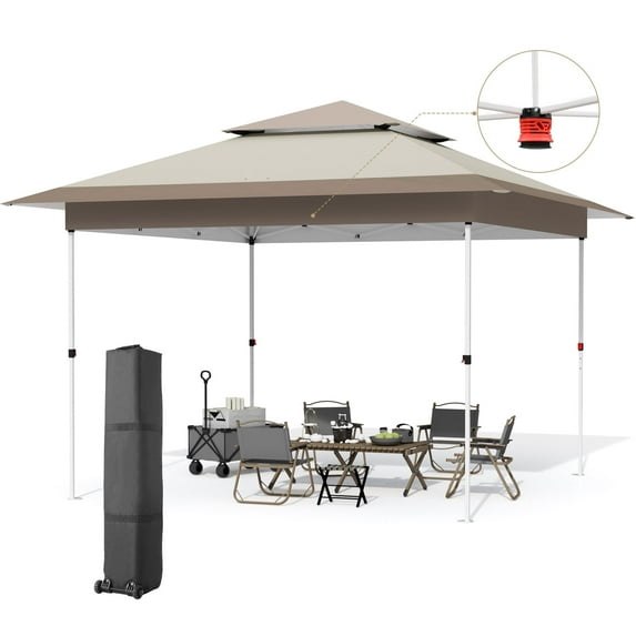 Pirecart 12' x 12' Easy Set-up Pop-up Canopy Tent, 2-Tier Outdoor Instant Gazebo Shelter with Wheeled Bag, Beige