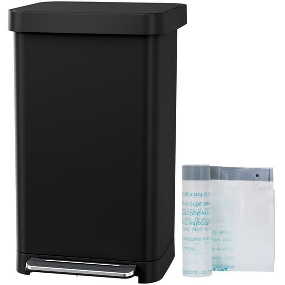 Pirecart 13.2 Gal Large Capacity Stainless Steel Trash Can, Soft Lid Pedal Rubbish Bin with Built-In Deodorizer Box, 15 Inner Bags and Rear Trash Bag Storage Compartment, Black