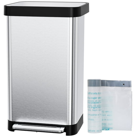 Pirecart 13.2 Gal Stainless Steel Trash Can, Soft-Close Lid Grabage Can with 15 Inner Bags, Rear Trash Bag Storage Compartment, Large Capacity Step Trash Can With Built-In Deodorizer Box, Silver