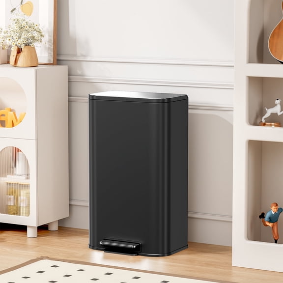 Pirecart 13.2 Gal Trash Can, Stainless Steel Garbage Can with Removable Inner Bucket & Handle, Square Garbage Bin with Soft Lid for Kitchen, Living Room, Black