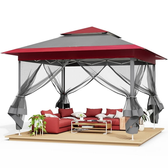 Pirecart 13 x 13 ft Outdoor Gazebo Pop Up Gazebo Canopy with Netting, Easy Set-up Folding Shelter for Patio, Lawn, Party, Backyard, Garden, Red & Gray