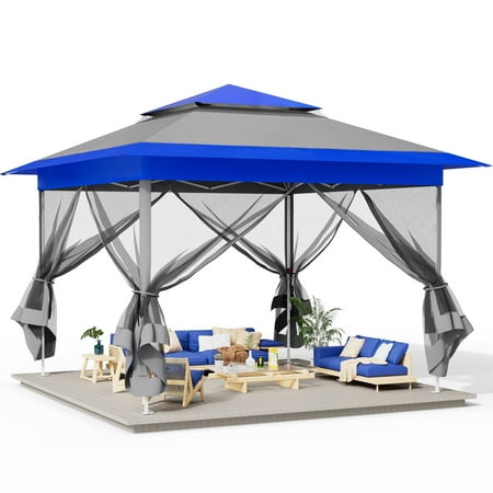 Pirecart 13x13 Patio Pop Up Gazebo Tent Outdoor Instant Canopy with Netting for Patio ,Lawn, Party, Backyard, Blue & Gray
