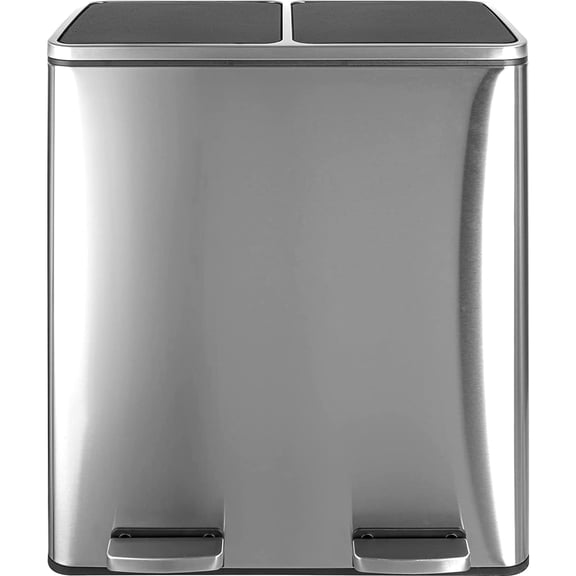 Pirecart 16 Gallon Dual Trash Can Stainless Steel Kitchen Garbage Can Step Recycle Bin, Silver