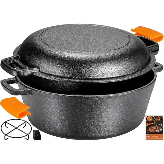 Pirecart 2 In 1 Cast Iron Dutch Oven, Pre-Seasoned Pot (5.1QT) and  Lid as a Skillet(1.9QT) , for Oven, Stove, GrillCampfire
