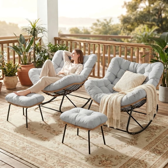 Pirecart 2 Pack Papasan Chairs with Footrest, Patio Papasan Chair with Comfy Cushion for Living Room/Porch/Garden, Gray